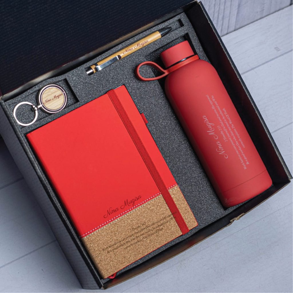 CUSTOM BRANDED GIFT SET (Ideal for birthday, anniversary or graduation gift comprises of Pen, key chain, A5 notebook and 500 ml metallic flask)